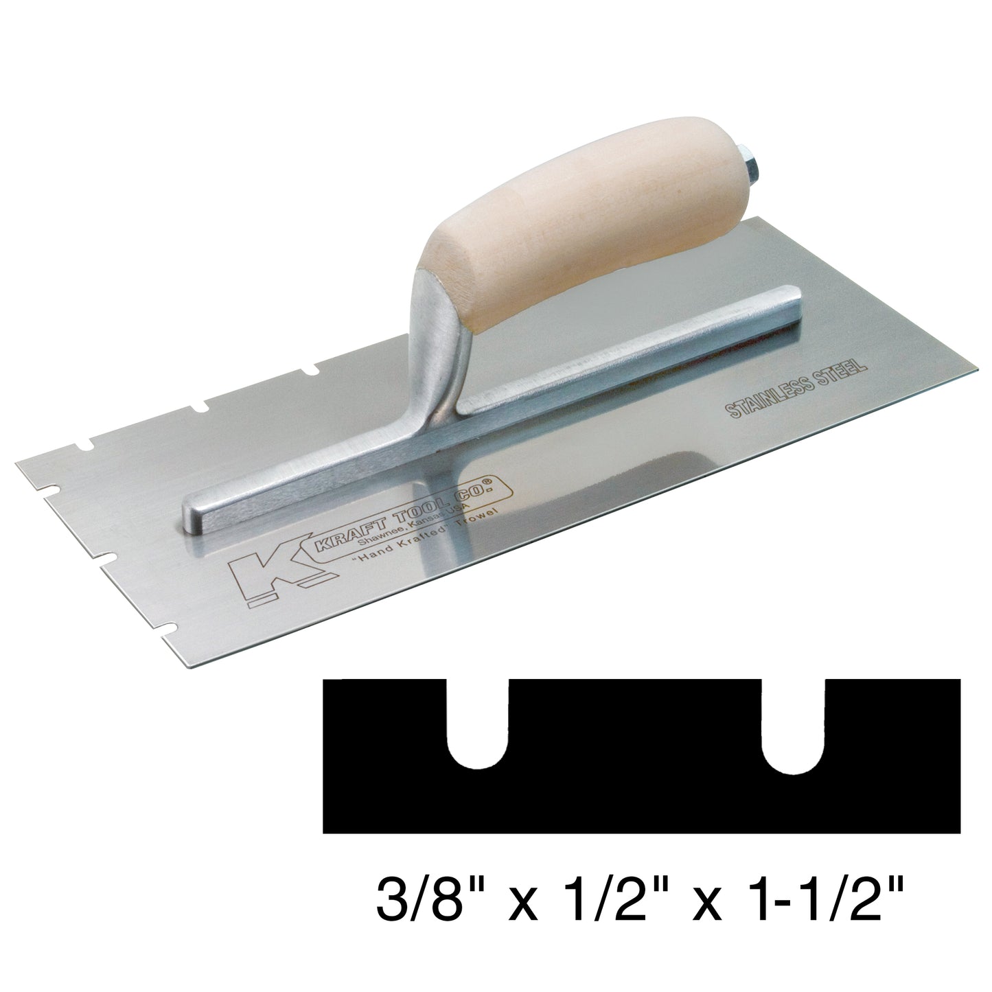 PL624 12" x 5" Stainless Steel EIFS 3/8" x 1/2" x 1-1/2" Notch Trowel with Wood Handle
