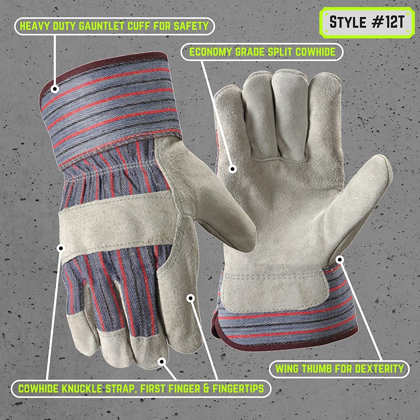 Wells Lamont Men's Leather Palm Work Gloves with Heavy Duty Reinforced Palm, Large (12T)